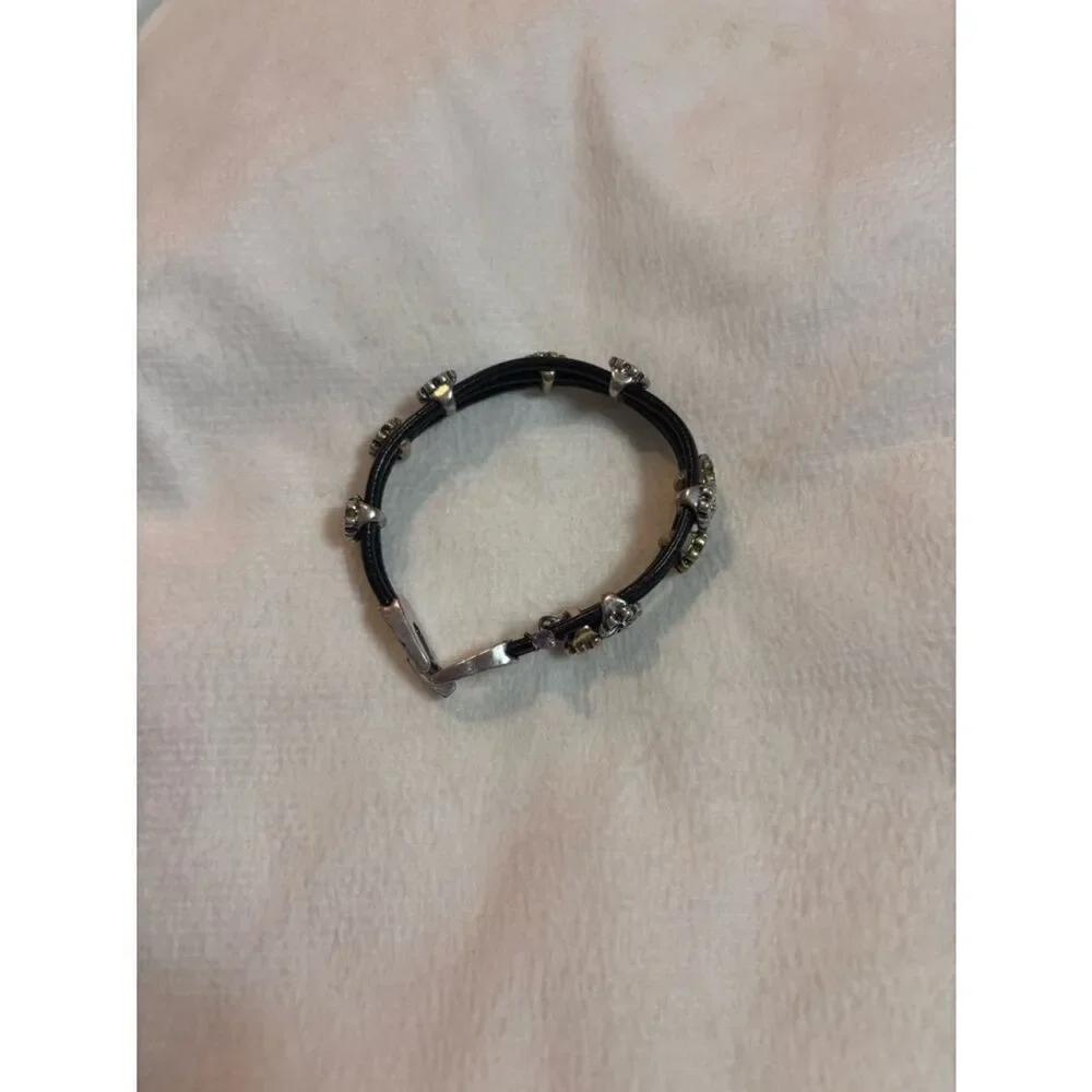 Anthropologie Brown Leather Multi-Row Bracelet with Gold & Silver Daisy Accents